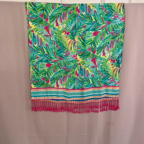 Lilly Pulitzer Palm Leaf  Scarf-Wrap-Swim Cover-Up Multi Color Fringe - Picture 1 of 15